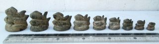 Rare Old Bronze Opium Weight Set 9 Double Koi Carp Fish