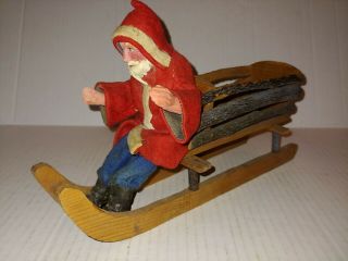 Antique German Santa On Wood Sleigh Composition Head And Hands,  Boots