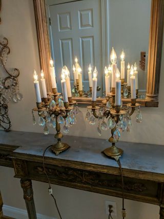 Pr Vtg Antique Candelabra 5 Light Ornate Brass Table Lamp Candle Prisms Crystal