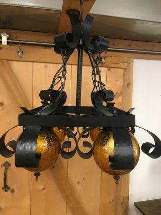 Vintage Mid Century Spanish Revival Hanging Pendant Light Chandelier.  Amber