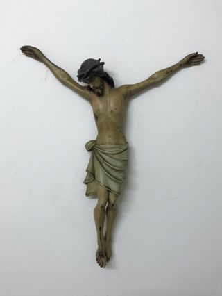 Large Antique Wooden Crucifix.  Hand - Carved Figure Of Jesus Polychromed.