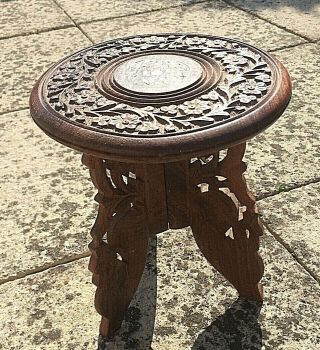 Vintage Indian Wooden Hand Carved Inlaid Folding Table Plant Stand