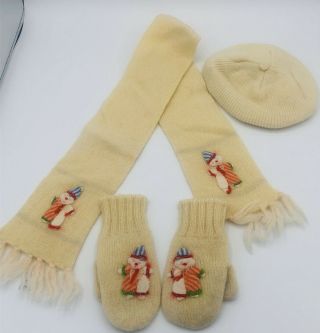 Vintage 100 Wool Baby Doll Scarf Mittens Hat With Clown Applique