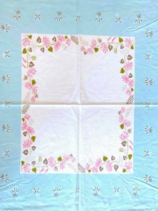 Mid - Century Vintage Cotton Tablecloth 42 " X 50 " Blue Pink White Green Floral