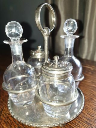 Antique Vintage Silver Plated Condiment Cruet Set & Stand Bottles