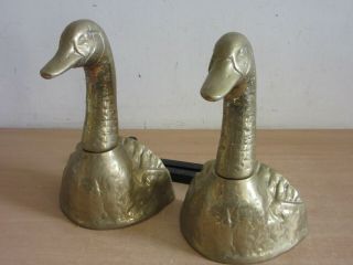 Heavy Large Vintage Solid Brass Goose / Duck Andirons Fire Dogs