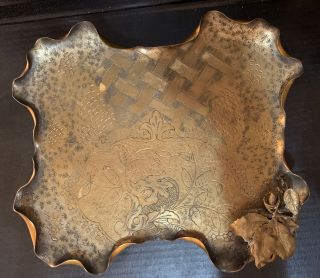 Antique Footed Dragon Tray Brass Or Bronze Chinese / Japanese Hand Engraved