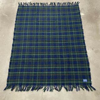Vintage Pendleton Wool Throw Blanket Green Blue Plaid Fringe Made In Usa 56”x45”