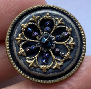 Antique Vintage Victorian Metal Button With Brass Filigree & Blue Cut Steels 1”