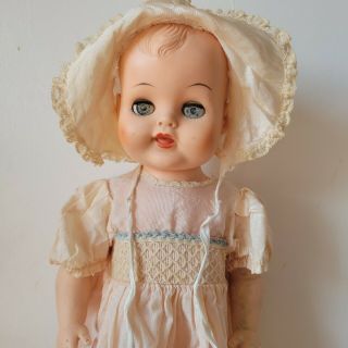 Vintage Rubber Doll 19 Inch In Silk/ Satin Dress W Bonnet.  Unmarked Sometlc