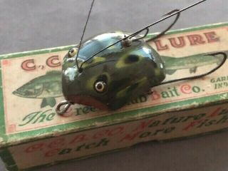 Vintage Creek Chub Weed Bug,  Frog Finish,  Correct Box,  Glass Eye Wood Lure