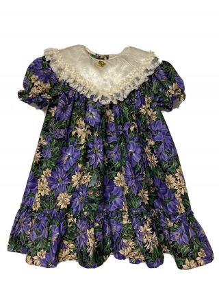 Jill Lynn Size 6 Vintage Girls Dress Frilly Lace Collar Cotton Purple Floral
