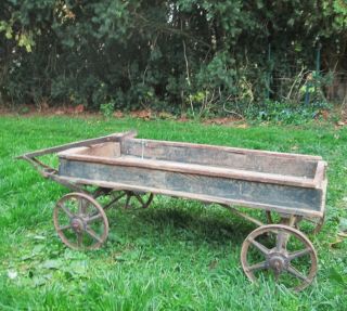 Antique Sherwood Spring Coaster Wagon Early 1900s Wood Cart W Spoke Iron Wheels