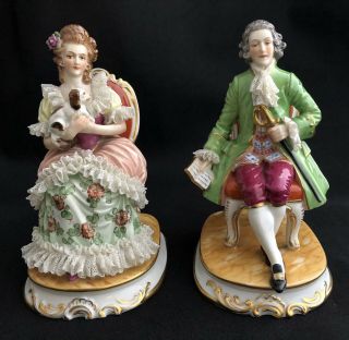 Antique Volkstedt Mz Germany Dresden Lace Figurines Man Lady Sitting
