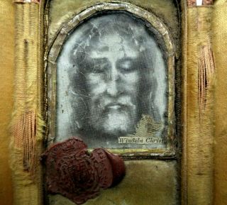 Antique Triptych Reliquary Box W Relic To The Holy Face Shroud Of Jesus Christ