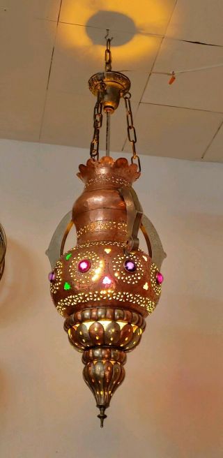 Vintage Moroccan Pierced Solid Brass & Silver Hanging Swag Pendant Lamp
