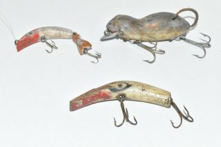 3 Early Vintage Fishing Lures,  Heddon Meadow Mouse Lazy Dazy Lazy Ike