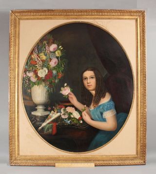 Life - Sized Antique 19thc American Folk Art Portrait Painting Young Girl Flowers