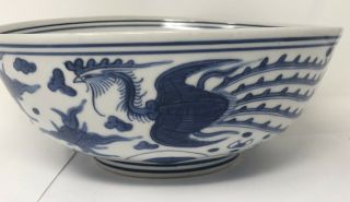 Chinese Ming Style Porcelain Blue And White Dragon Phoenix Bowl Oriental