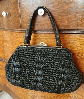 Vintage 50s 60s Black Woven Raffia Purse Handbag Rockabilly
