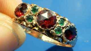 Antique Victorian Rose Cut Garnet & Emerald 9ct Gold Ring Circa 1870 Chester Hm