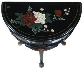 Oriental Vintage Black Lacquered Demilune Console Hall Table Half Moon Cabinet 3