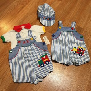Vintage Boys Romper Striped Overall Train Engineer Hat 3/6 Month