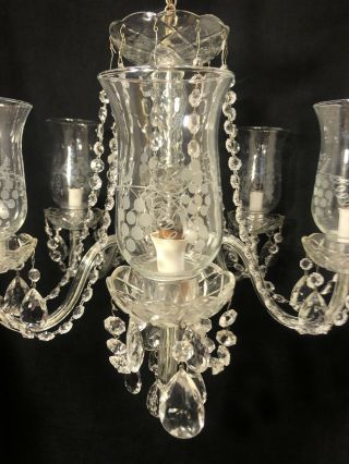 Vintage French Style Cut Crystal 5 Arm Chandelier Etched Globes Draping Crystals 4