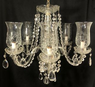Vintage French Style Cut Crystal 5 Arm Chandelier Etched Globes Draping Crystals 5