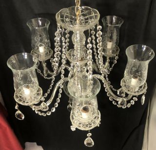 Vintage French Style Cut Crystal 5 Arm Chandelier Etched Globes Draping Crystals 6