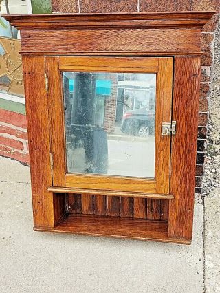 Victorian Antique Oak Tall Medicine Cabinet Cupboard W/ Mirror Door & Shelves 2