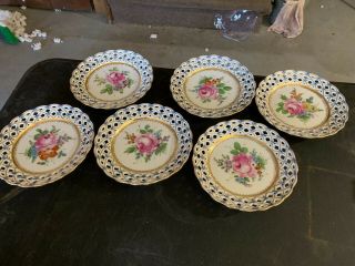 Antique Hand Painted Dresden Porcelain Floral Roses Reticulated Set Of 6 Plates