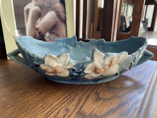 Antique Vintage Roseville Pottery Usa Blue Magnolia Bowl Wide W/ Handles 449 - 10
