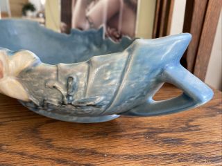Antique Vintage Roseville Pottery USA Blue Magnolia Bowl Wide w/ Handles 449 - 10 3