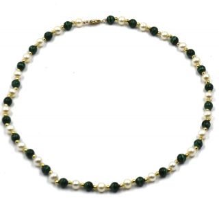 Vintage 6.  5mm Pearl Malachite Gold Bead Necklace Filigree Clasp 14k Gold 18 "