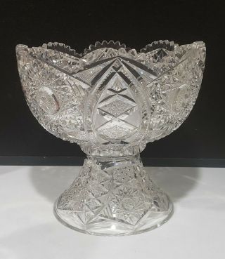 Stunning Huge Antique Abp Cut Glass 12 " Punch Bowl,  Pedestal Large Star Pattern