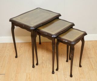 Impressive Vintage Mahogany Nest Of Tables Brown Leather Inlaid With Glass Tops