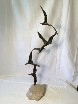 Mid Century C Jere Bronze & Quartz Sculpture Birds In Flight Seagulls Curtis Mod