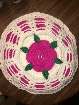 Vintage Crochet Pillow Granny Round Flower Afghan Fuschia White Pink Throw 14”