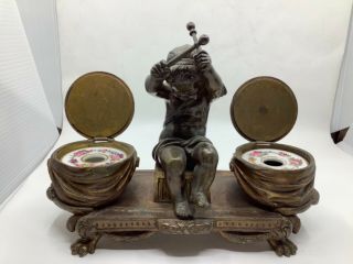 Antique French Bronze Porcelain Floral Inkwell Cherub Putti Angel Playing Drums