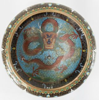 Antique Chinese Cloisonne Enamel Low Bowl Ming Style Dragon Decoration