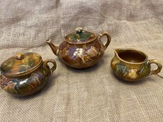 Antique Vintage Stockton Art Pottery Tea Set Teapot Creamer Sugar Ivy California