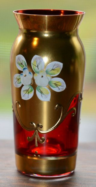 Antique Vintage Painted Czech Bohemian Murano Red Floral Art Glass Gold Vase 4.  5