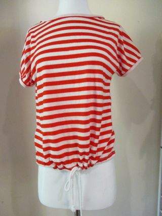 Vintage Red White Sailor Striped Drawstring Bottom Blouse Shirt Top Sz L