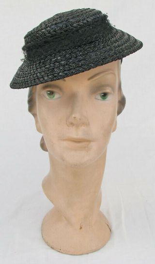 Vintage 1930s Tilt Hat Black Straw Small Brim With Net