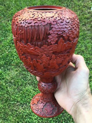 Antique Chinese Red Cinnabar Lacquered Carved Pedestal Vase Jar Scholars Kids
