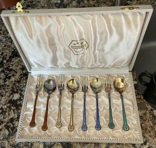 Vintage David Andersen Norway Sterling Silver And Enamel Fork & Spoon Set/mint