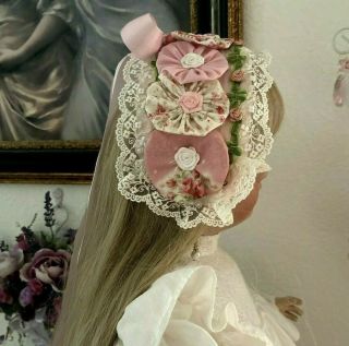 Pink Roses Embroidered Lace Head Piece Hat For Large Antique French German Doll