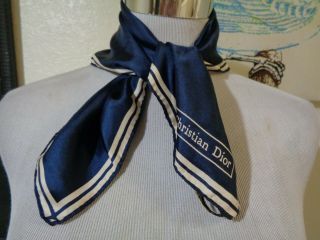 Vintage Christian Dior Navy Blue With White Border Silk Square Scarf