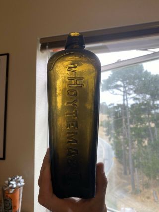 Antique Blackglass Case Gin Bottle V Hoytema & Co Applied Lip Square Crude